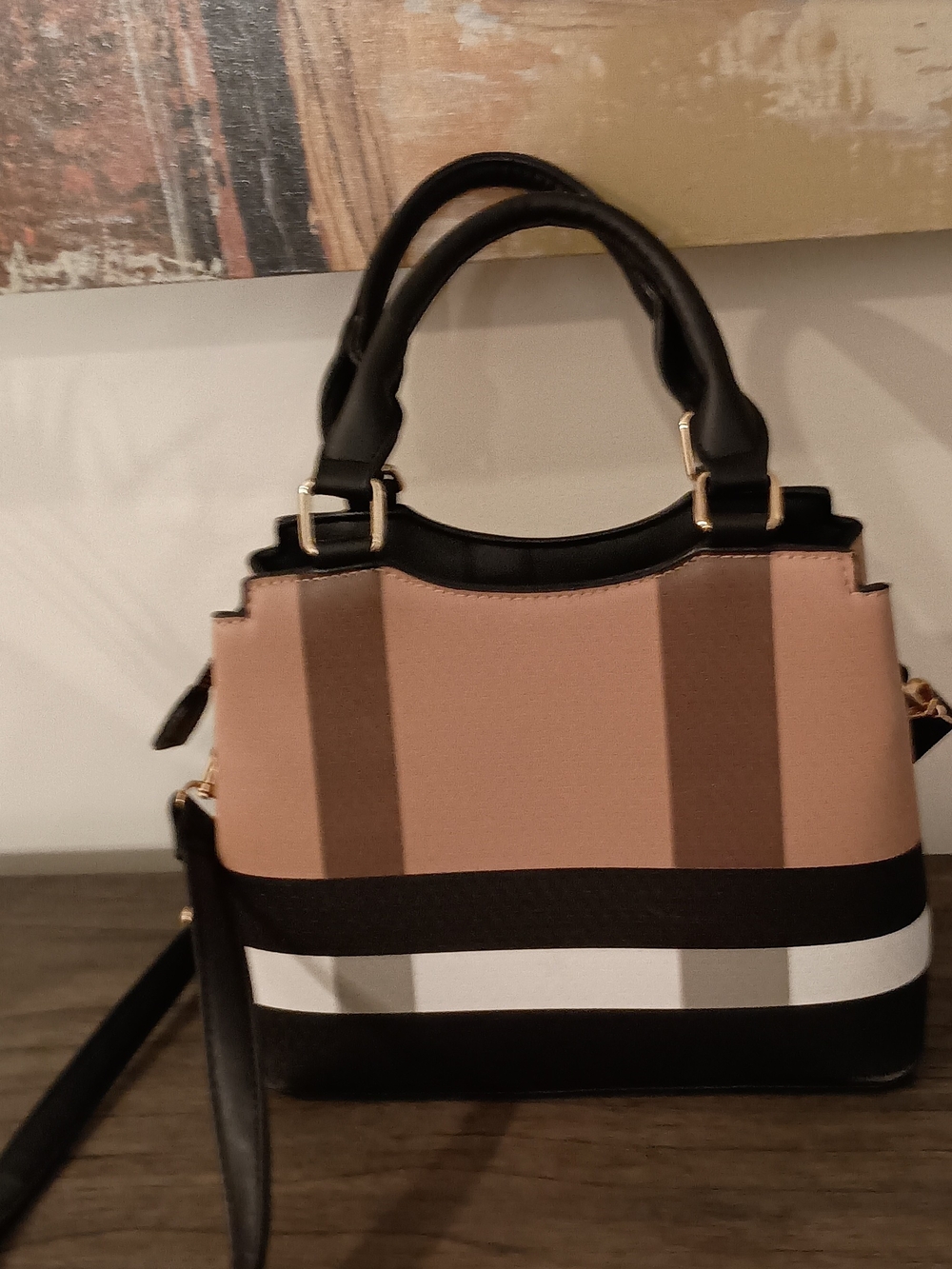 Structured Two-Tone Beige and Black Women’s Satchel - Picture 4 of 10
